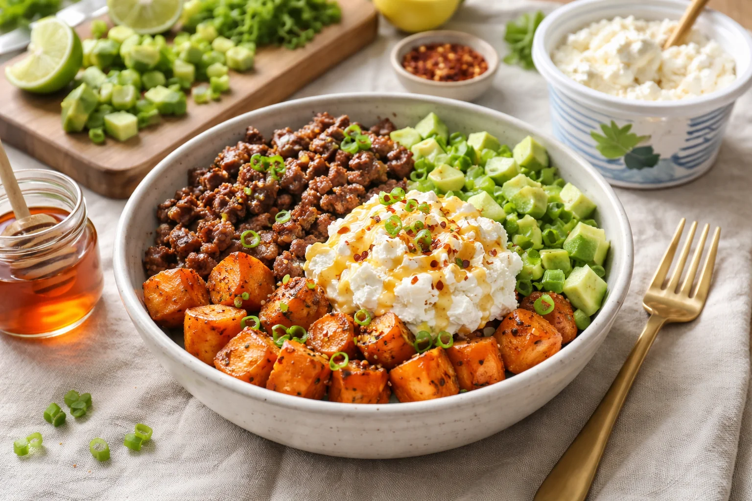 Hot Honey Sweet Potato Beef Bowl